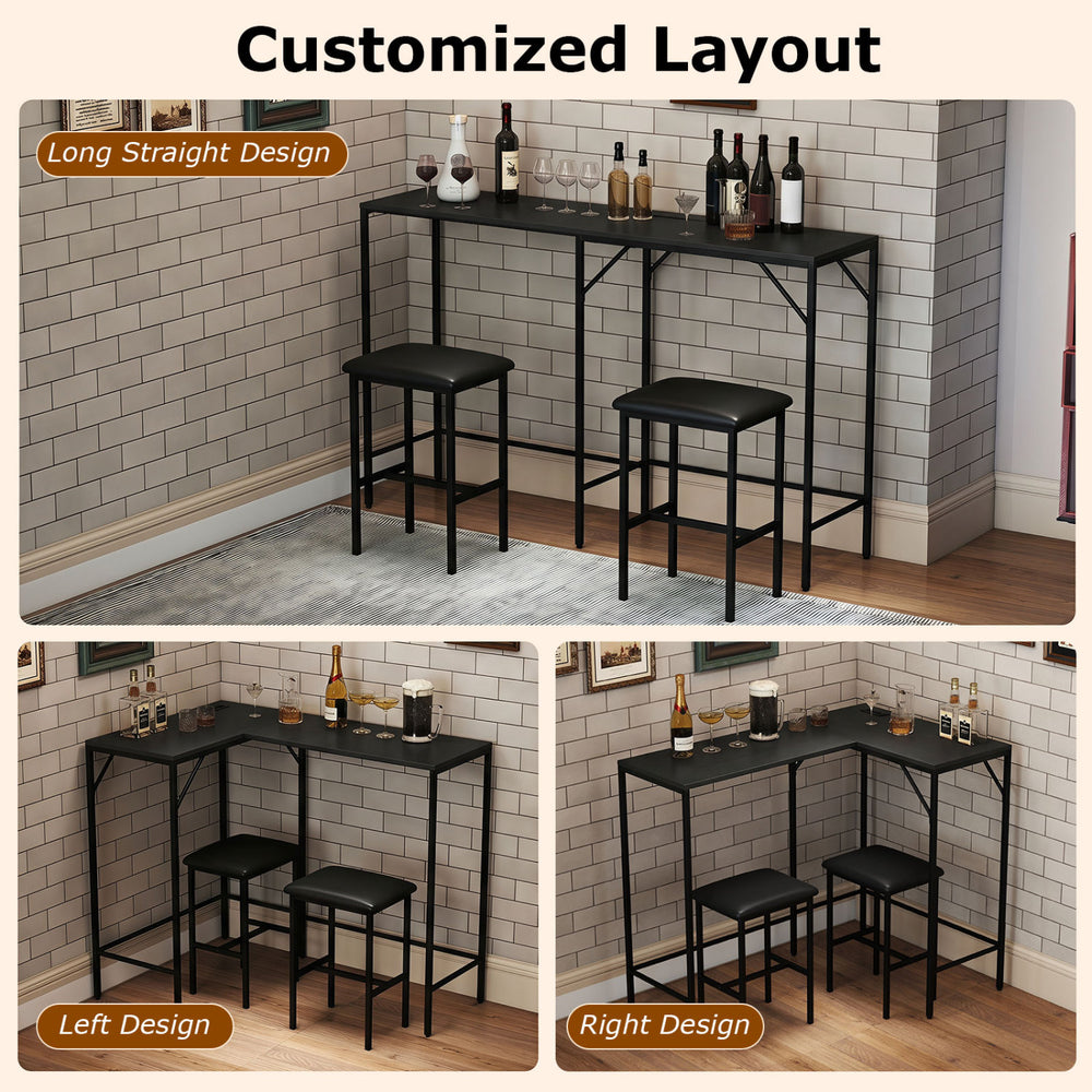 3-piece convertible L-shaped kitchen table set in black with padded seats, USB ports, and customizable layout options.