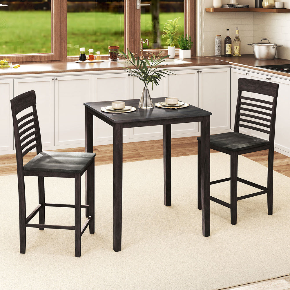 3-Piece Counter-Height Dining Table Set for 2 with Rubber Wood Frame and Footrest-Gray - Gallery View 1 of 10