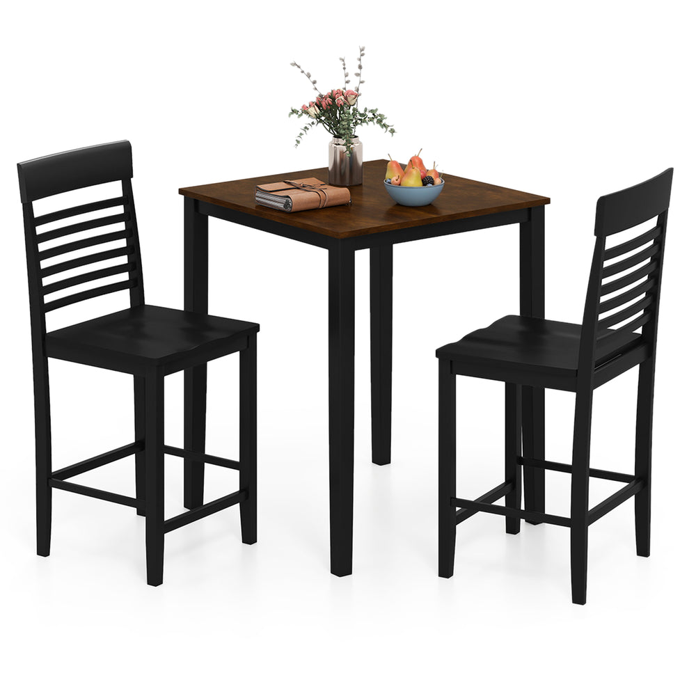Counter-height dining table set with black rubber wood frame and two ergonomic chairs, ideal for small spaces.