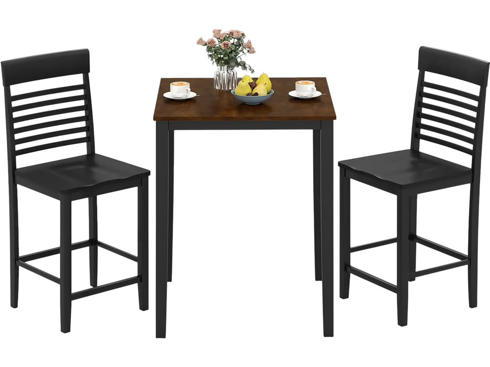 Counter-height dining table set with black rubber wood frame and two chairs, ideal for small spaces and dining.