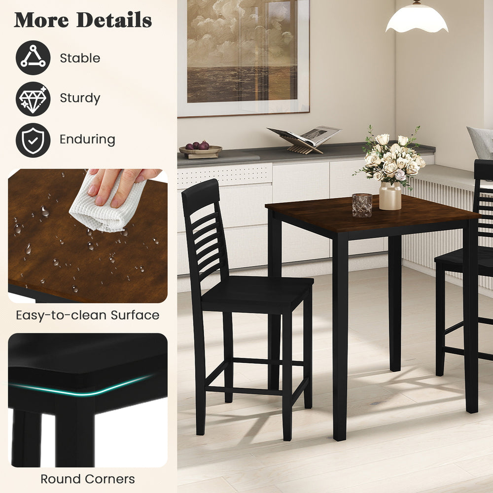 3-piece counter-height dining table set with black rubber wood frame, featuring ergonomic chairs and easy-to-clean.