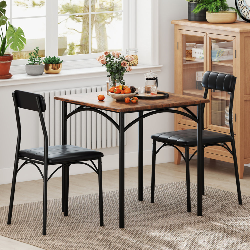 3-piece dining table set with rustic brown tabletop and black PU leather chairs, perfect for dining room use.