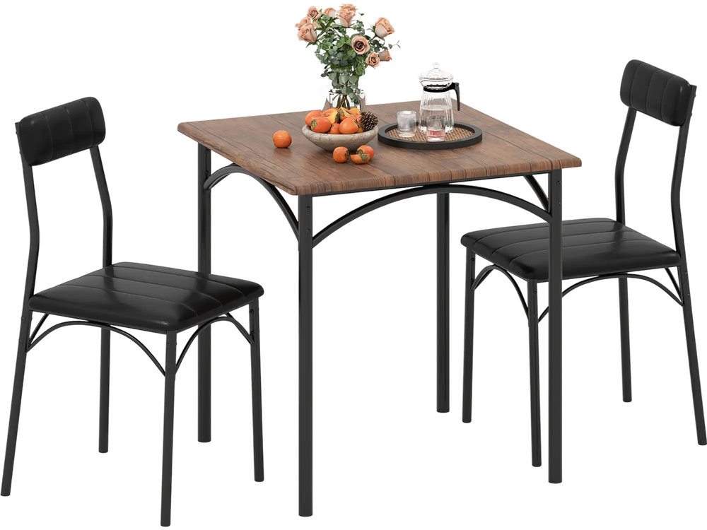 Square table with rustic brown finish and two black PU leather chairs, featuring ergonomic design for comfortable.