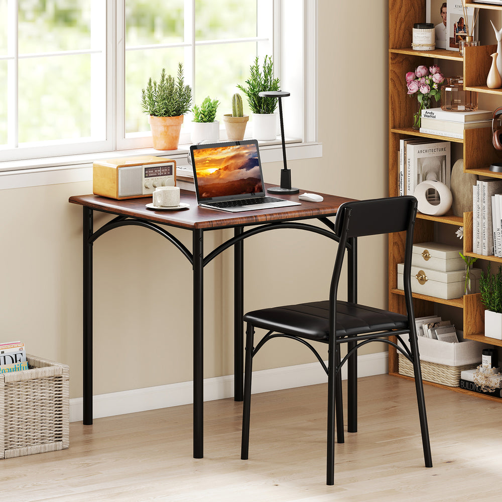Rustic brown dining table set with two chairs, featuring ergonomic design and sturdy construction for dining rooms.