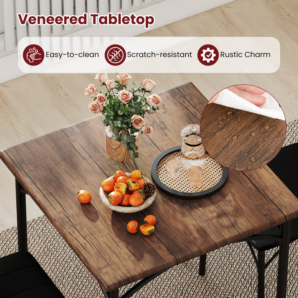 Square dining table set with rustic brown veneered tabletop, featuring easy-to-clean surface and two padded chairs.