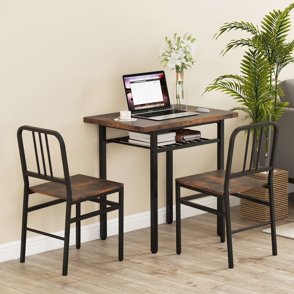 Rustic brown 3-piece dining table set with rectangular table and 2 chairs, perfect for intimate gatherings.