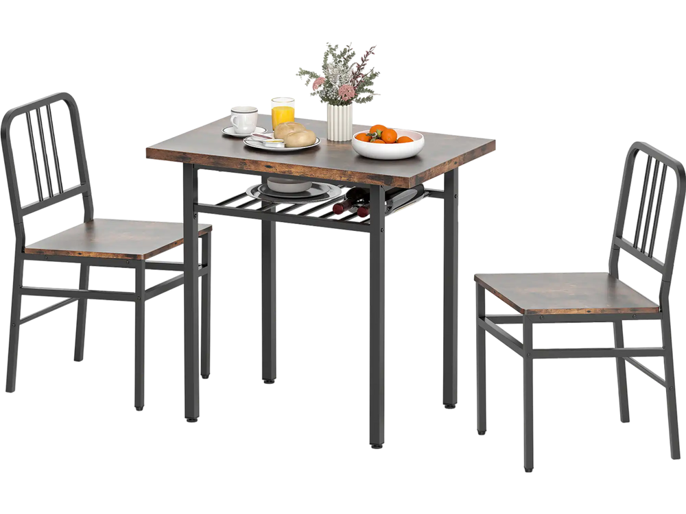 Rustic brown 3-piece dining table set with rectangular table and 2 chairs, featuring open storage shelf for essentials.