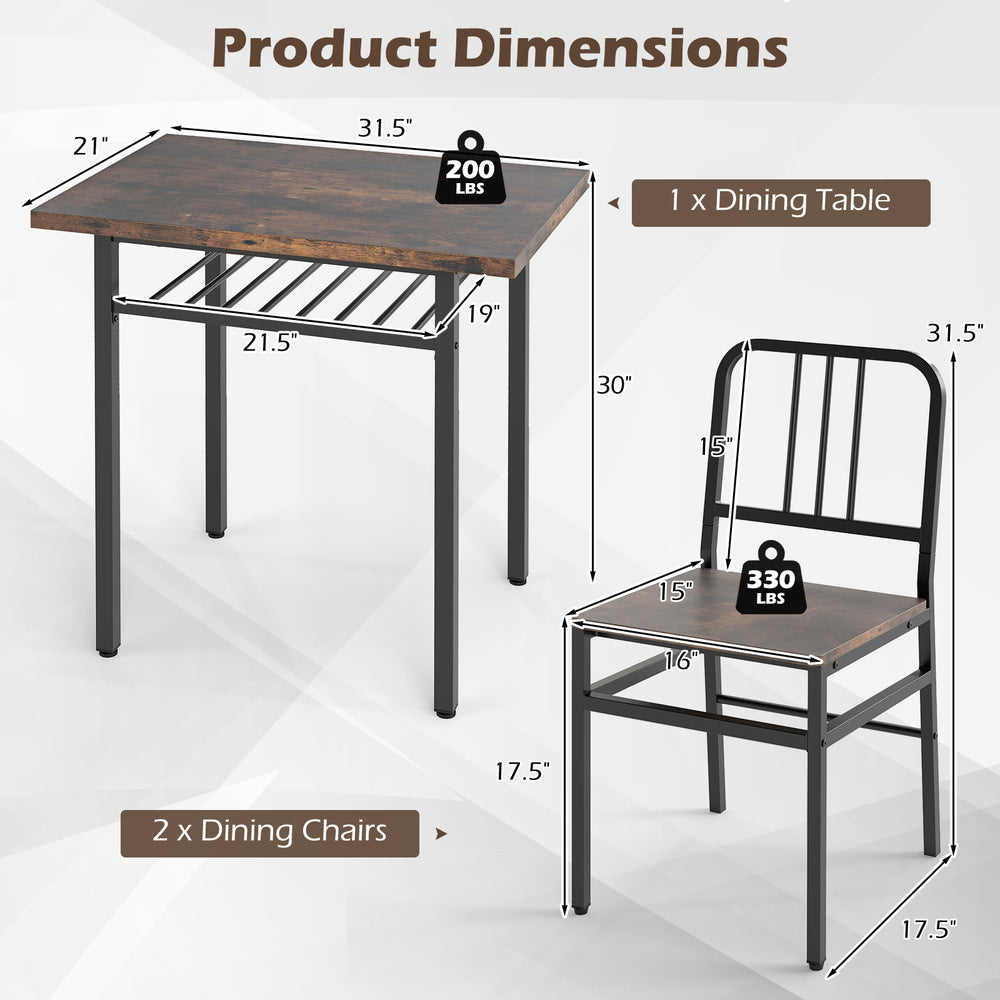 Dimensions of the 3-piece dining table set featuring a rustic brown rectangular table and two sturdy chairs.
