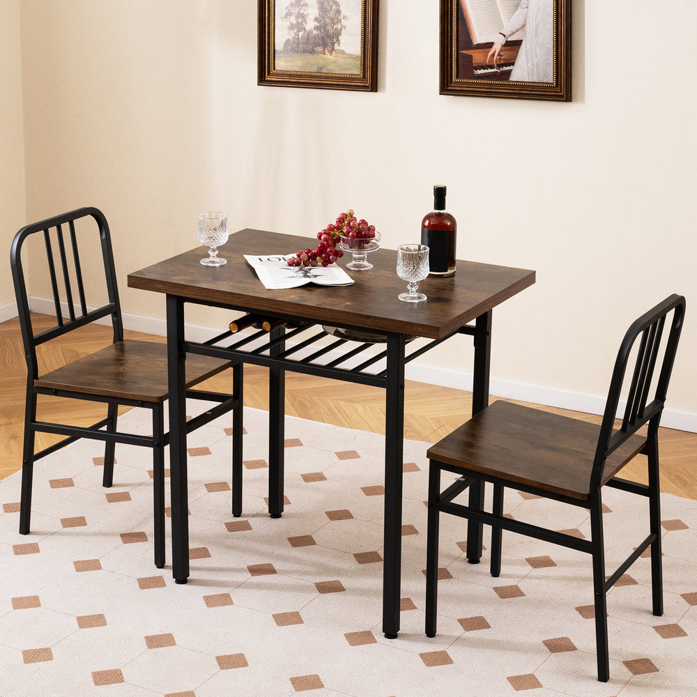 Rustic brown 3-piece dining table set with rectangular table and 2 ergonomic chairs, perfect for intimate gatherings.