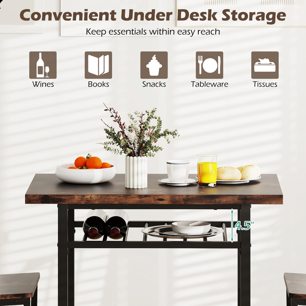 Rustic brown dining table set featuring a rectangular table and two chairs with under-desk storage for essentials.
