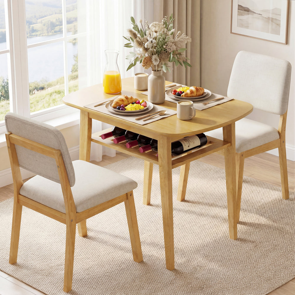 3-piece dining table set featuring natural wood grain, upholstered chairs, and built-in storage for a cozy dining.