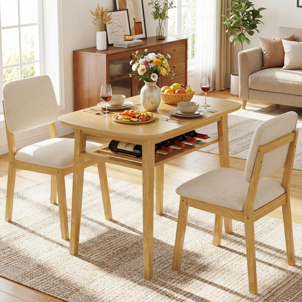 3-piece dining table set for 2 with upholstered chairs in natural wood, featuring built-in storage and rounded edges.