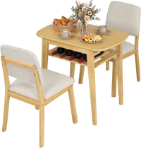 3-piece dining table set for 2 with natural wood grain, upholstered chairs, and built-in storage rack for space-saving.