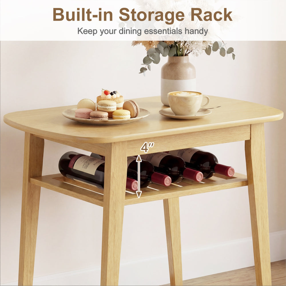 3-piece dining table set featuring a natural wood grain finish and built-in storage rack for dining essentials.