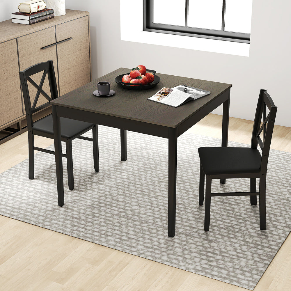 Gray 3-piece dining table set with wooden square table and ergonomic chairs, ideal for small spaces like kitchens.