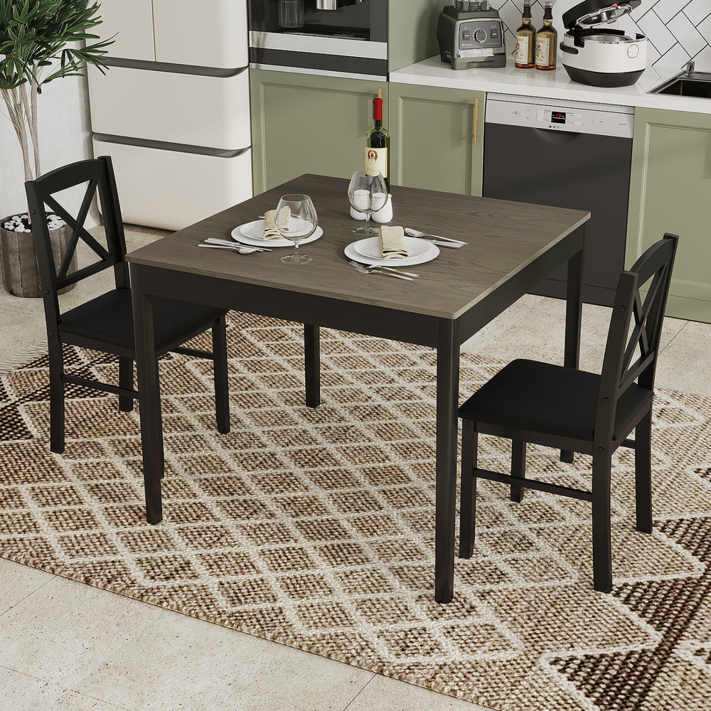 Gray wooden square dining table set for 2 with ergonomic chairs, ideal for small kitchens or apartments.