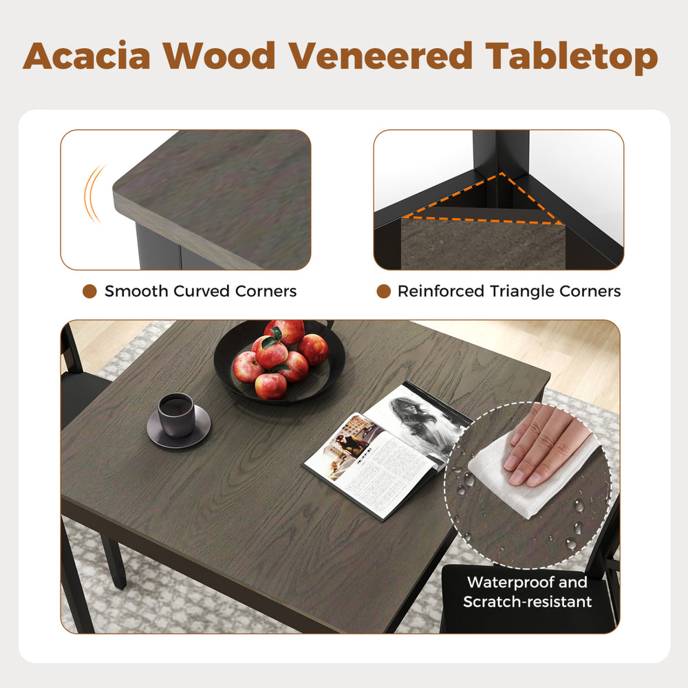 Acacia wood veneered tabletop with smooth curved corners and reinforced triangle corners, waterproof and.