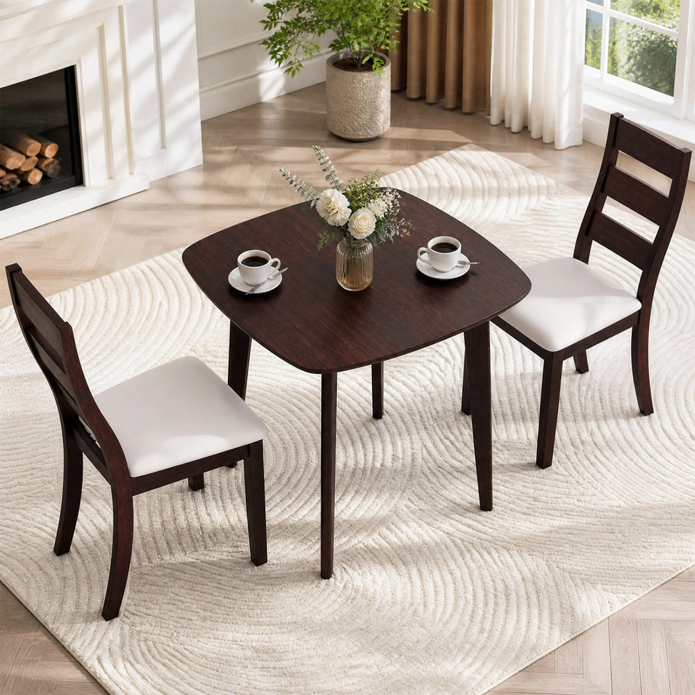 Square walnut dining table set with two ergonomic chairs, featuring waterproof seats, ideal for living rooms or apartments.