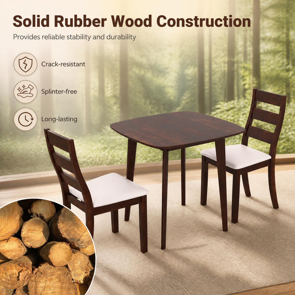 3-piece dining table set with walnut rubber wood construction and cushioned chairs, ideal for living rooms or apartments.