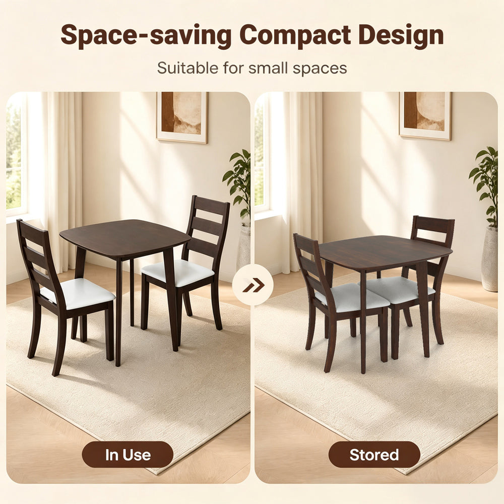 3-piece dining table set with walnut wooden square table and 2 ergonomic chairs, ideal for small spaces and easy storage.