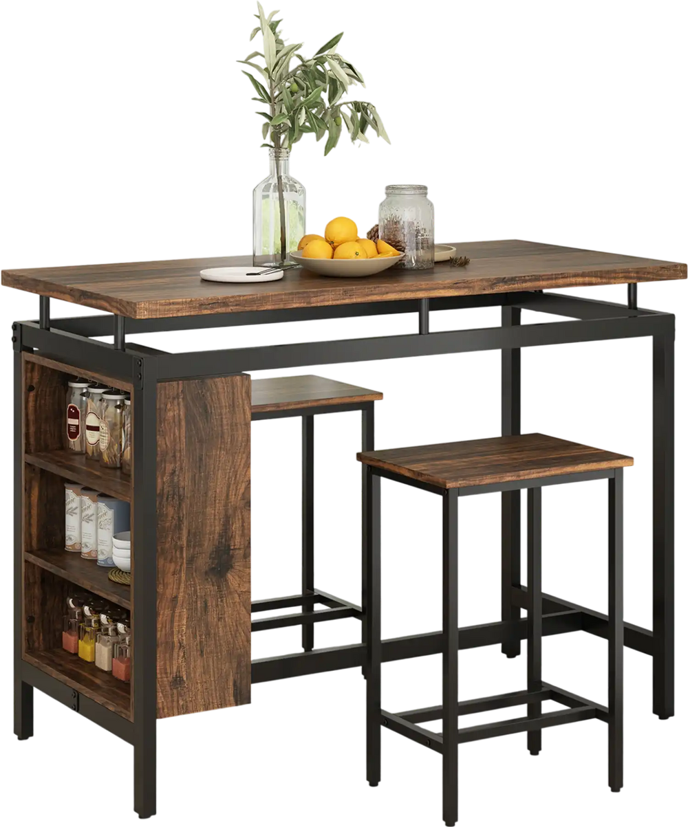 Counter-height dining table set with 3-tier storage shelf and metal frame, ideal for small spaces and casual meals.