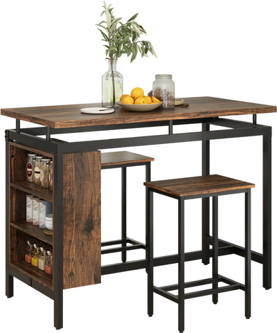 Costway 3-Piece Dining Table Set w/ 3-Tier Storage Shelf Metal Frame Brown 74892561 New