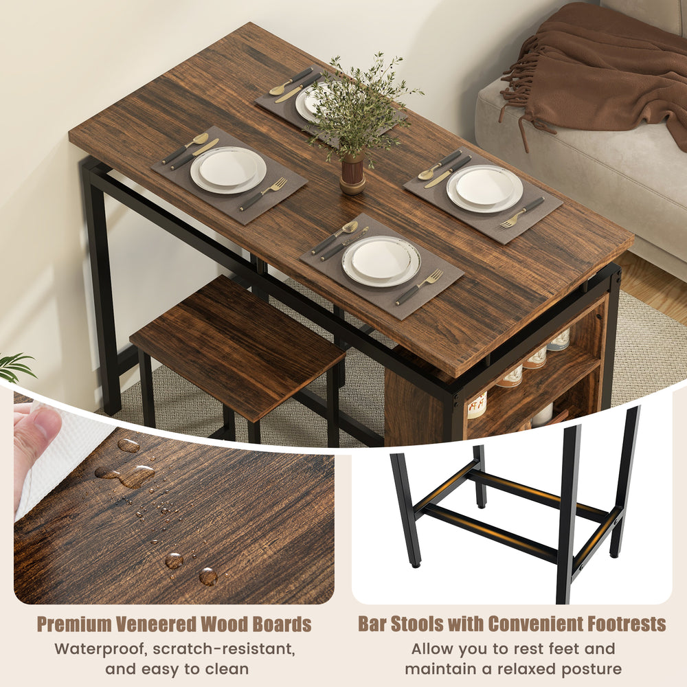 Dining table set with brown veneered wood boards and metal frame, featuring 3-tier storage and bar stools with.