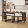 Counter-height dining table set with 3-tier storage shelf, brown veneered wood, and metal frame, ideal for small spaces.