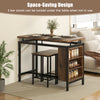 Counter-height dining table set with 3-tier storage shelf, brown wood finish, and metal frame, ideal for small spaces.