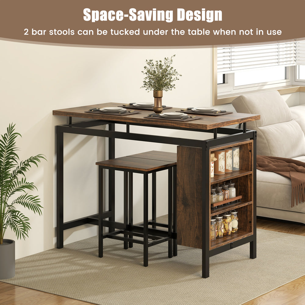 Counter-height dining table set with 3-tier storage shelf, brown wood finish, and metal frame, ideal for small spaces.