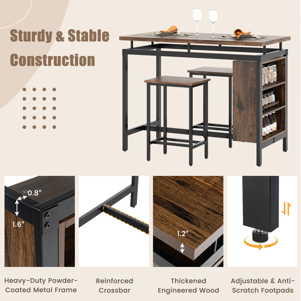 3-piece dining table set with brown veneered wood and metal frame, featuring 3-tier storage shelves for organization.