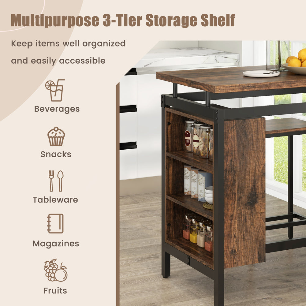 3-tier storage shelf with a brown wood finish and metal frame, ideal for organizing snacks and beverages in dining.