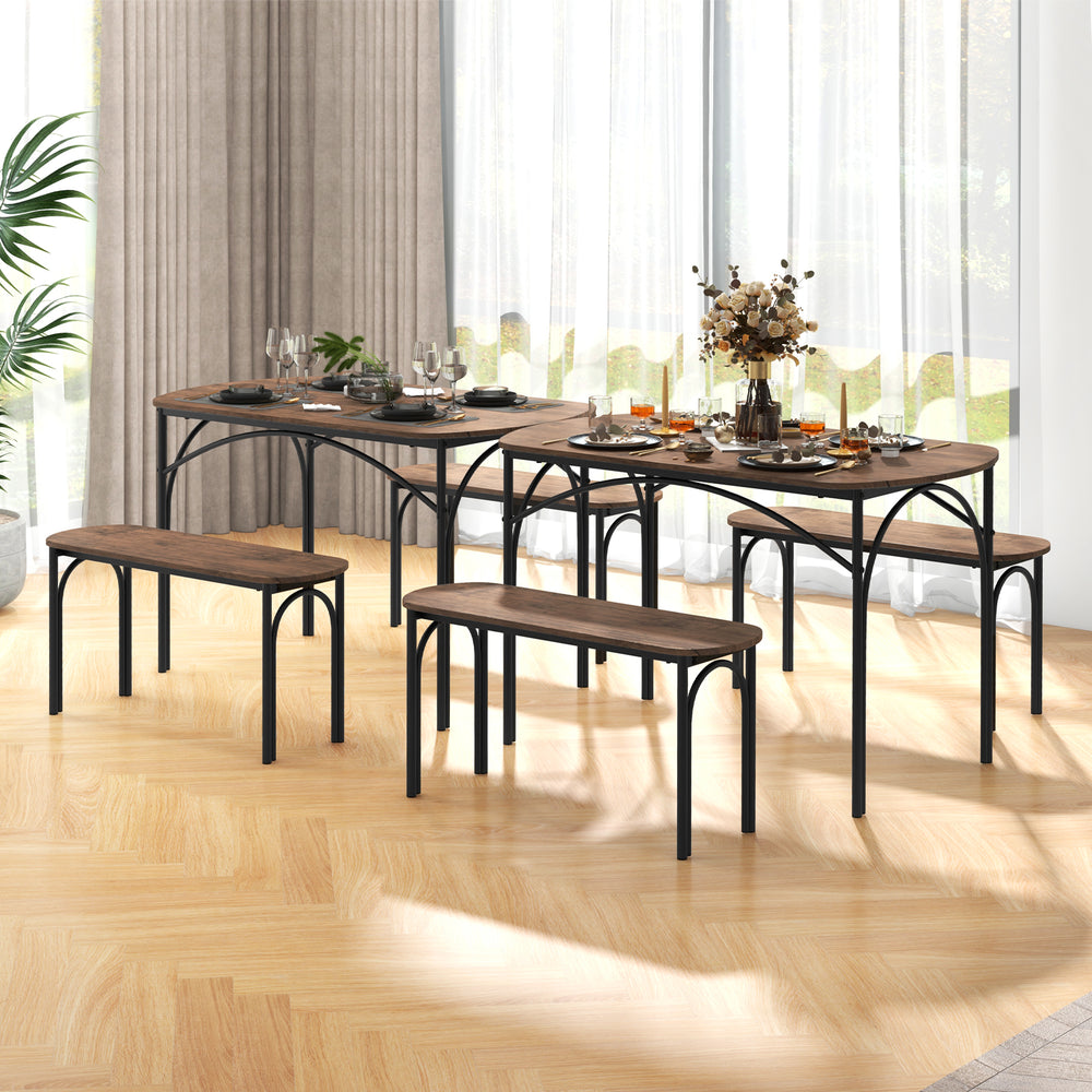 3-piece dining table set featuring a spacious MDF tabletop and two benches with a sturdy black metal frame for family.