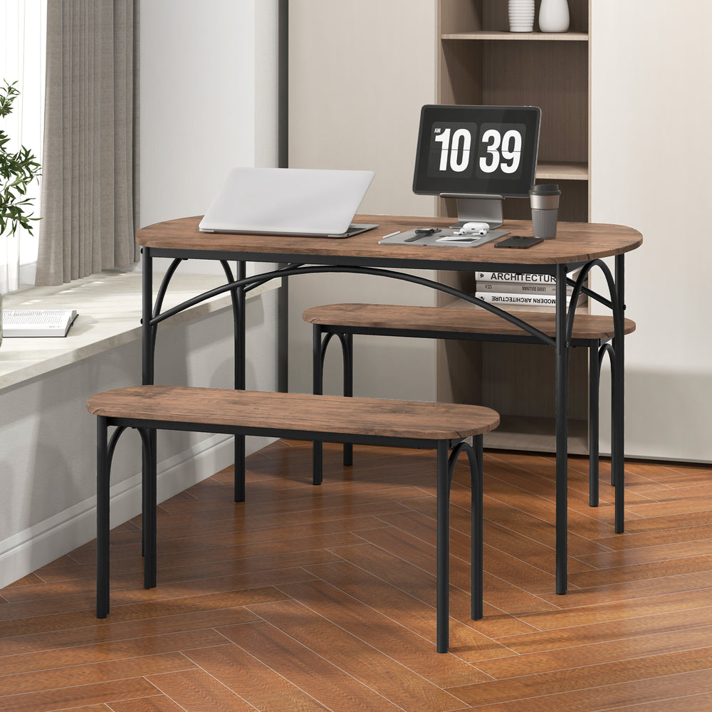 3-piece dining table set featuring a brown MDF tabletop and black metal frame, perfect for small spaces and family.