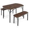 3-piece dining table set featuring a brown MDF tabletop and black metal frame, ideal for small spaces and family meals.