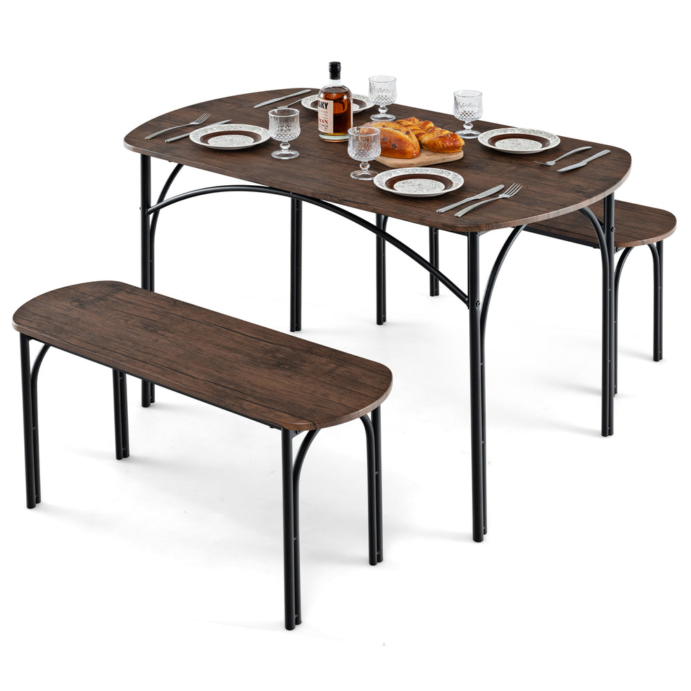3-piece dining table set featuring a brown MDF tabletop and black metal frame, ideal for family dining in small spaces.