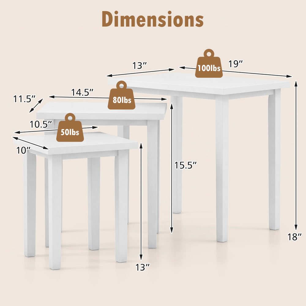 Dimensions of the 3-piece white farmhouse side table set, showcasing sizes and weight capacities for versatile use.