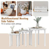 Set of three white farmhouse nesting side tables with sleek surfaces, perfect for living room use and space-saving.