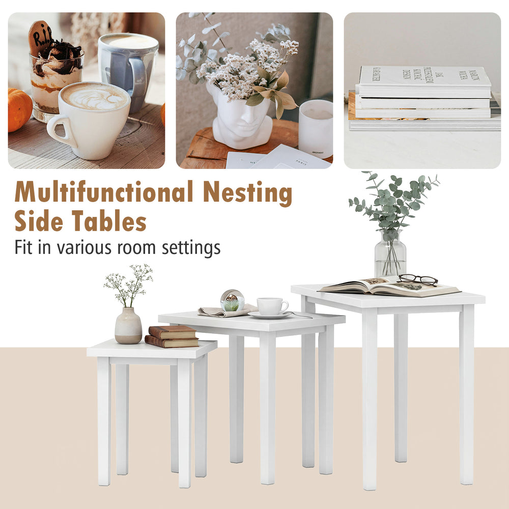 Set of three white farmhouse nesting side tables with sleek surfaces, perfect for living room use and space-saving.
