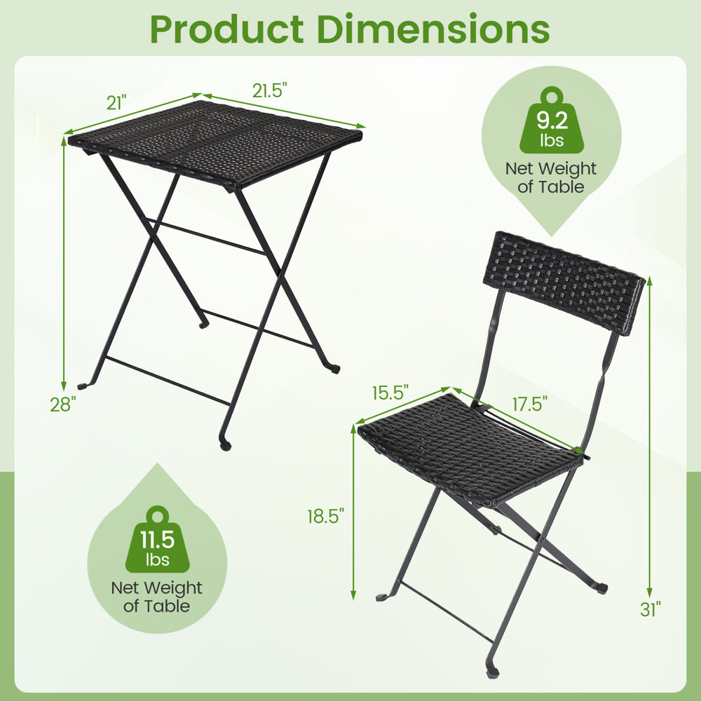Folding bistro set dimensions showing a black PE wicker table and chair with an X-shaped metal frame for outdoor use.