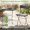 Folding bistro set featuring a black PE rattan table and chair with ergonomic design, ideal for outdoor patio use.