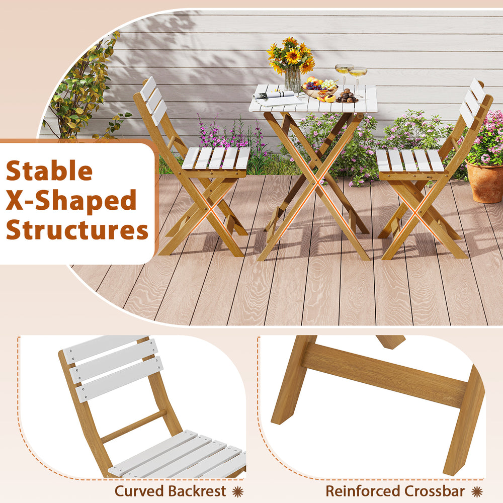 Folding patio bistro set featuring acacia wood chairs and table with X-shaped structures, perfect for outdoor.