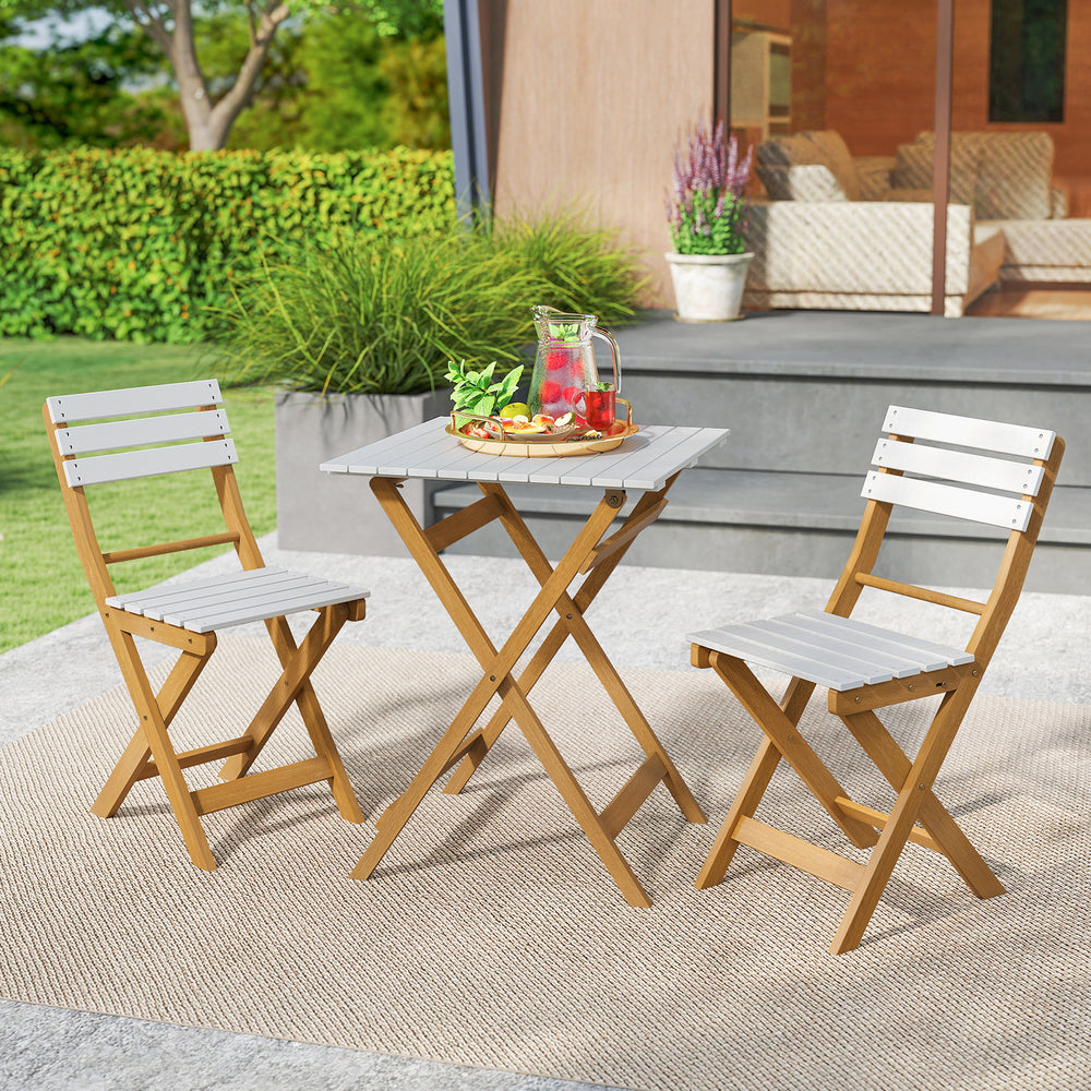 Folding patio bistro set with a square acacia wood table and two chairs, perfect for garden gatherings and outdoor.
