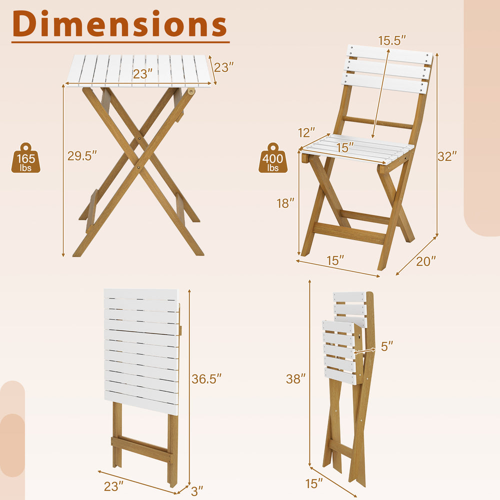 Folding patio bistro set dimensions showcasing acacia wood chairs and square table, ideal for outdoor use.