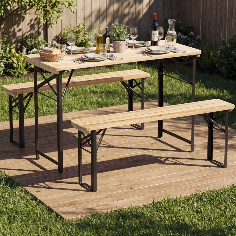 3-piece folding picnic table set with fir wood and metal frame, perfect for outdoor gatherings in the garden or patio.