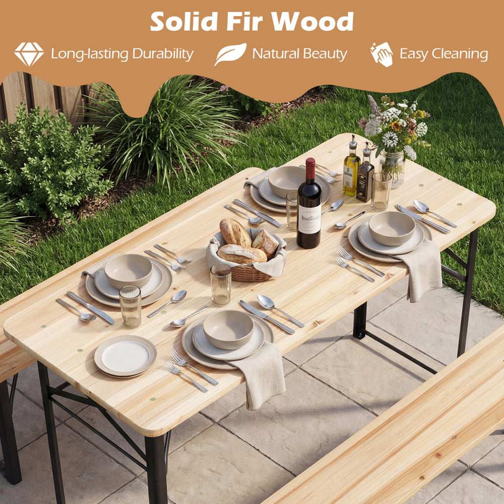 Folding picnic table set made of solid fir wood, featuring a smooth surface and sturdy metal frame for outdoor.