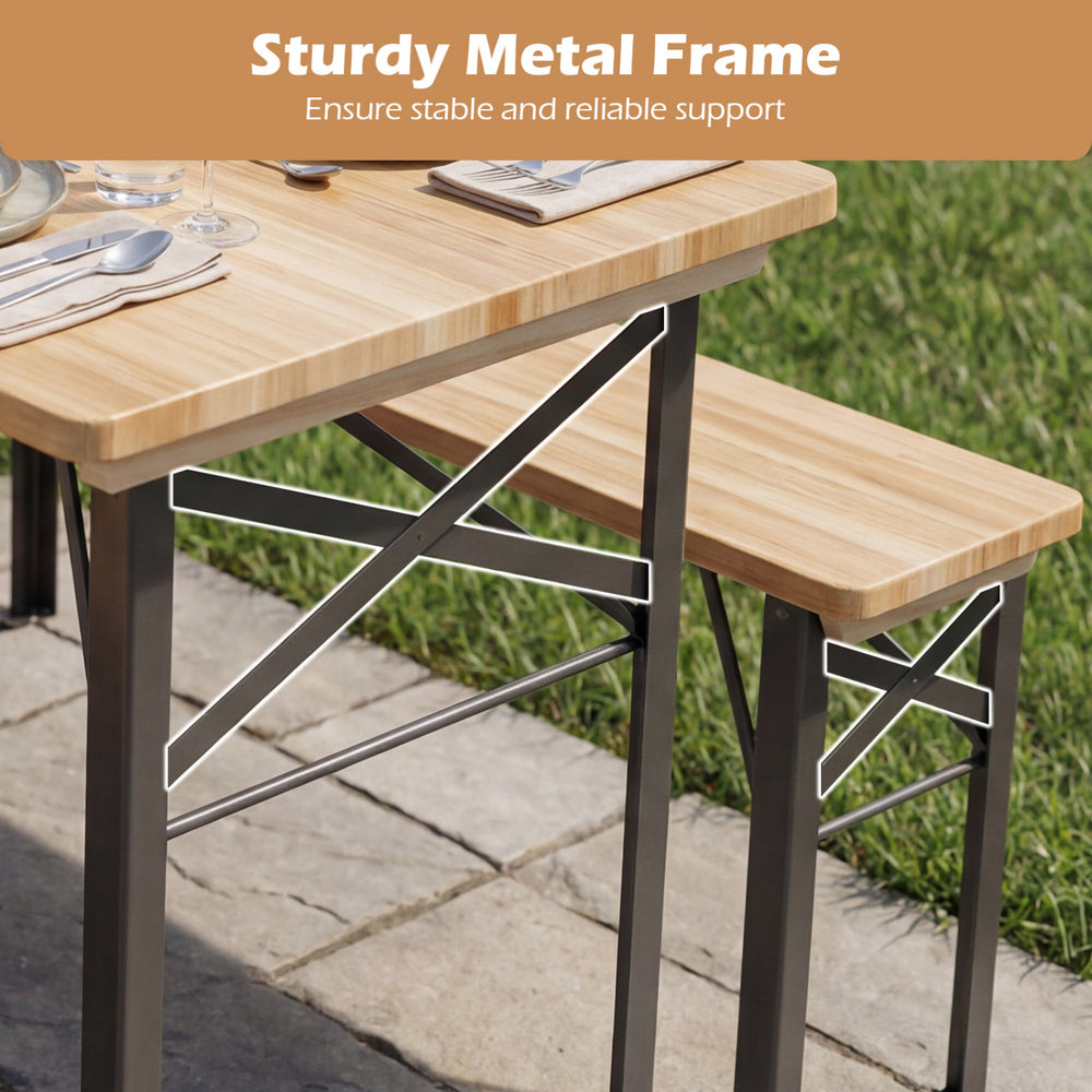 Close-up of the sturdy metal frame on the 3-piece folding picnic table set, ensuring reliable support for outdoor.