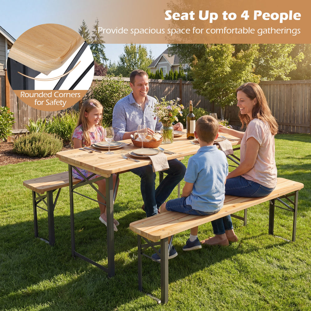 3-piece folding picnic table set with fir wood and metal frame, seating up to 4 people for outdoor gatherings.