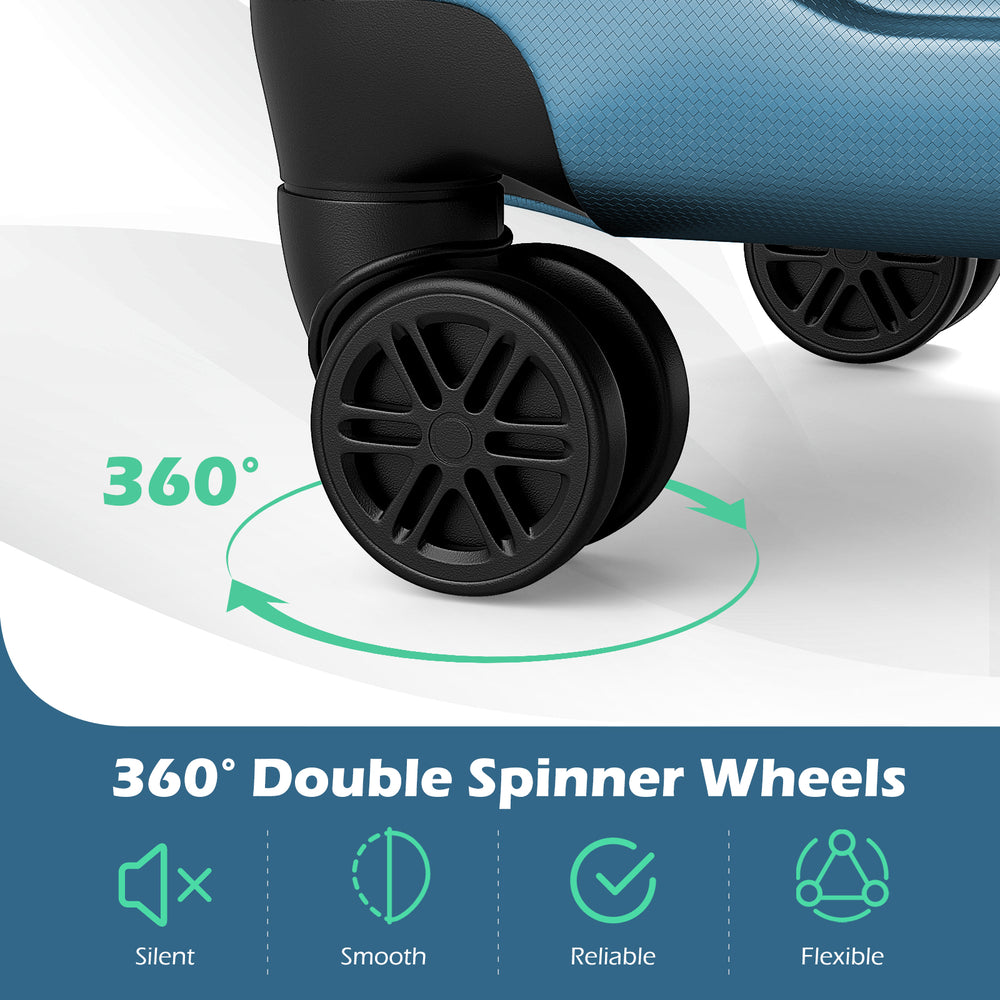 360° double spinner wheels of the blue hardside luggage set ensure silent, smooth, and flexible movement for easy.