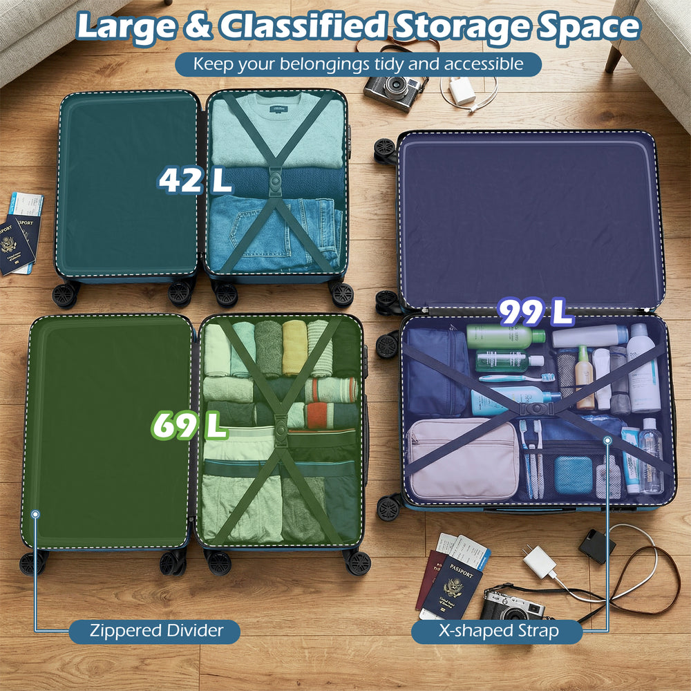3-piece hardside luggage set in blue showing organized compartments, 360° wheels, and secure 3-digit lock for travel.